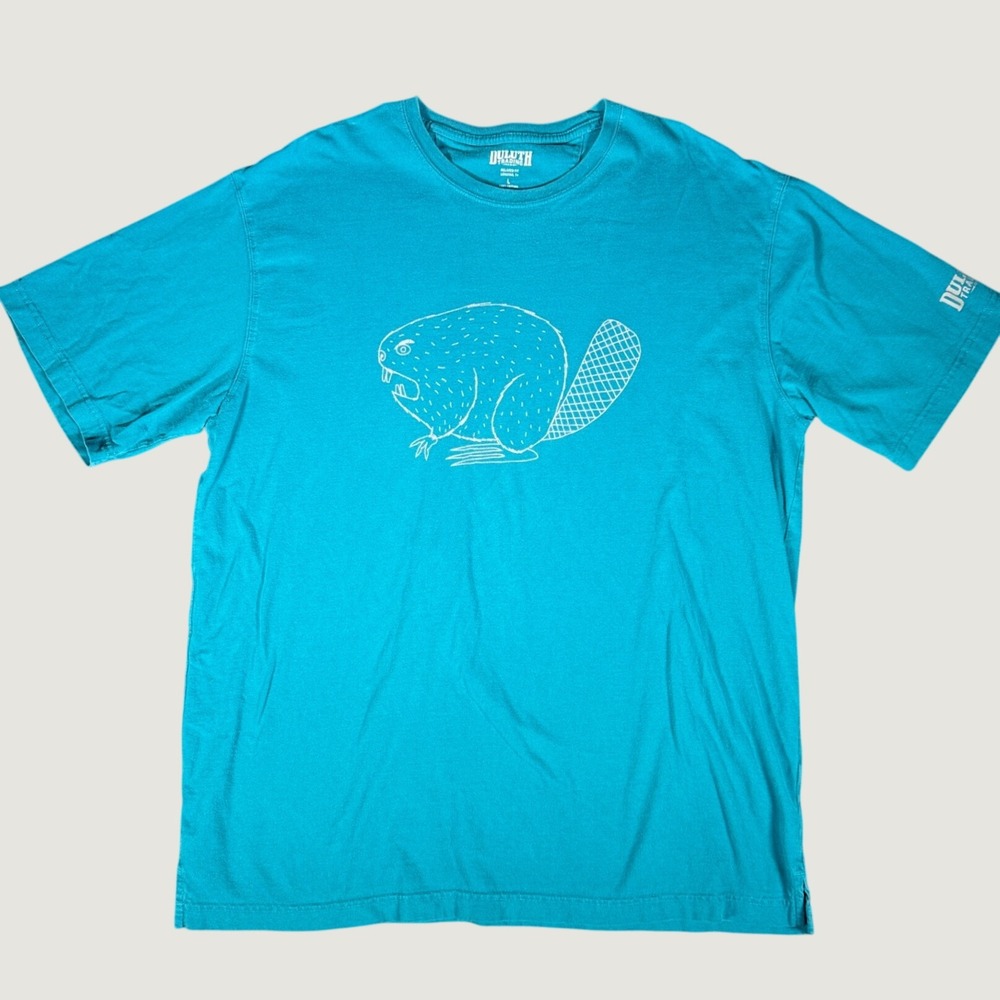 Duluth Trading Co Mens Large Blue Longtail Beaver Graphic T-Shirt Relaxed Fit